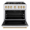 ZLINE Autograph Edition 36 in. 5.2 cu. ft. Classic Gas Range with 6 Burner Cooktop and Convection Gas Oven in Satin Stainless Steel with White Matte Door and Polished Gold Accents, Open Box-Good Condition