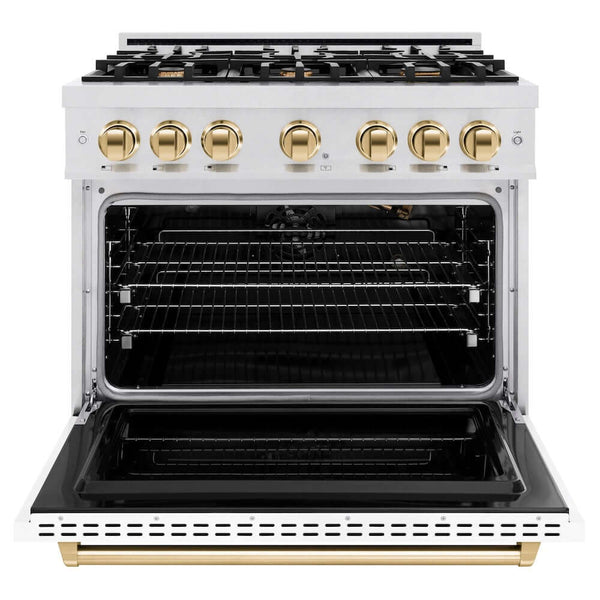 ZLINE Autograph Edition 36 in. 5.2 cu. ft. Classic Gas Range with 6 Burner Cooktop and Convection Gas Oven in Satin Stainless Steel with White Matte Door and Polished Gold Accents, Open Box-Good Condition