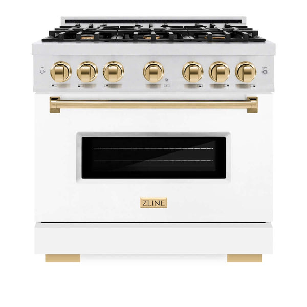 ZLINE Autograph Edition 36 in. 5.2 cu. ft. Classic Gas Range with 6 Burner Cooktop and Convection Gas Oven in Satin Stainless Steel with White Matte Door and Polished Gold Accents, Open Box-Good Condition