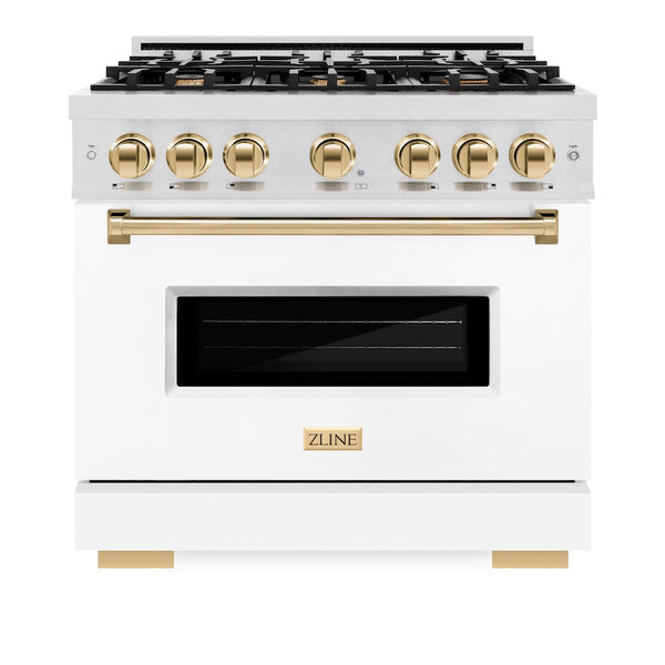 ZLINE Autograph Edition 36 in. 5.2 cu. ft. Classic Gas Range with 6 Burner Cooktop and Convection Gas Oven in Satin Stainless Steel with White Matte Door and Polished Gold Accents, Open Box-Great Condition