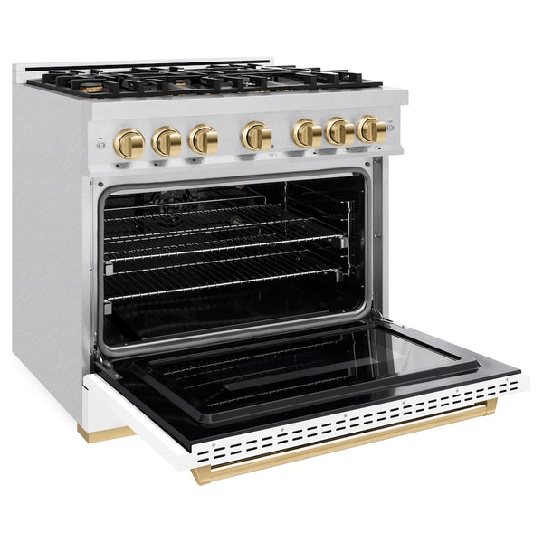 ZLINE Autograph Edition 36 in. 5.2 cu. ft. Classic Gas Range with 6 Burner Cooktop and Convection Gas Oven in Satin Stainless Steel with White Matte Door and Polished Gold Accents, Open Box-Great Condition
