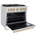 ZLINE Autograph Edition 36 in. 5.2 cu. ft. Classic Gas Range with 6 Burner Cooktop and Convection Gas Oven in Satin Stainless Steel with White Matte Door and Polished Gold Accents, Open Box-Good Condition