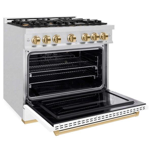 ZLINE Autograph Edition 36 in. 5.2 cu. ft. Classic Gas Range with 6 Burner Cooktop and Convection Gas Oven in Satin Stainless Steel with White Matte Door and Polished Gold Accents, Open Box-Good Condition