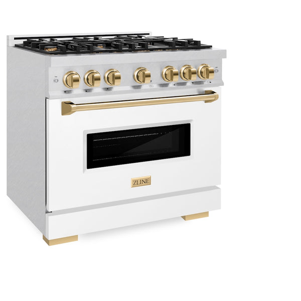 ZLINE Autograph Edition 36 in. 5.2 cu. ft. Classic Gas Range with 6 Burner Cooktop and Convection Gas Oven in Satin Stainless Steel with White Matte Door and Polished Gold Accents, Open Box-Great Condition