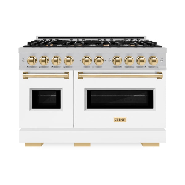 ZLINE Autograph Edition 48 in. 6.7 cu. ft. Classic Double Oven Gas Range with 8 Burner Cooktop in Satin Stainless Steel with White Matte Doors and Polished Gold Accents, Open Box-Great Condition