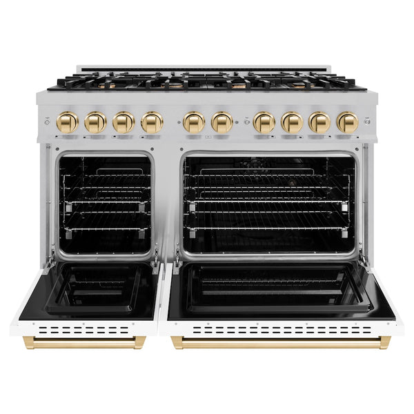 ZLINE Autograph Edition 48 in. 6.7 cu. ft. Classic Double Oven Gas Range with 8 Burner Cooktop in Satin Stainless Steel with White Matte Doors and Polished Gold Accents, Open Box-Great Condition