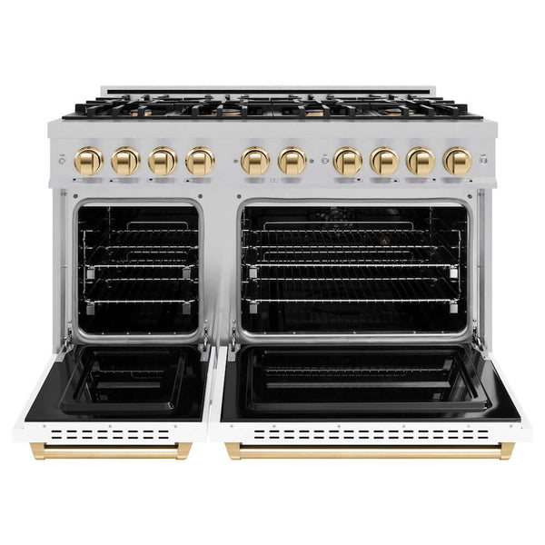 ZLINE Autograph Edition 48 in. 6.7 cu. ft. Classic Double Oven Gas Range with 8 Burner Cooktop in Satin Stainless Steel with White Matte Doors and Polished Gold Accents, Open Box-Good Condition