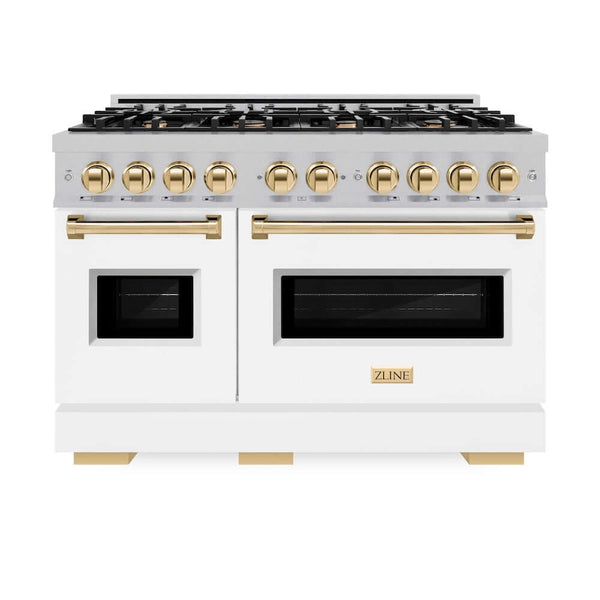 ZLINE Autograph Edition 48 in. 6.7 cu. ft. Classic Double Oven Gas Range with 8 Burner Cooktop in Satin Stainless Steel with White Matte Doors and Polished Gold Accents, Open Box-Good Condition