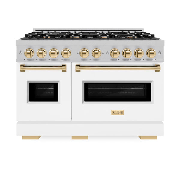 ZLINE Autograph Edition 48 in. 6.7 cu. ft. Classic Double Oven Gas Range with 8 Burner Cooktop in Satin Stainless Steel with White Matte Doors and Polished Gold Accents, Open Box-Great Condition