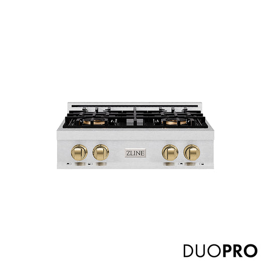 ZLINE Autograph Edition 30 in. Classic Gas Rangetop with 4 Burner DuoPro™ Cooktop in Satin Stainless Steel and Champagne Bronze Accents, Open Box-Great Condition