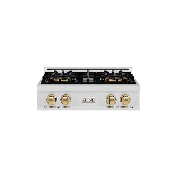 ZLINE Autograph Edition 30 in. Classic Gas Rangetop with 4 Burner DuoPro™ Cooktop in Satin Stainless Steel and Champagne Bronze Accents (PCRTSZ-30-CB)