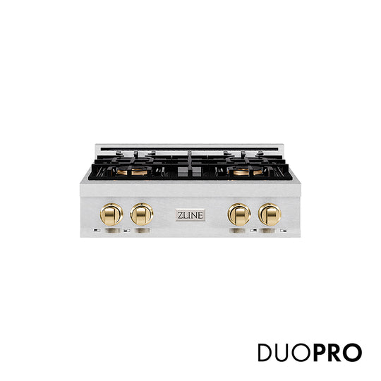 ZLINE Autograph Edition 30 in. Classic Gas Rangetop with 4 Burner DuoPro™ Cooktop in Satin Stainless Steel and Polished Gold Accents, Open Box-Great Condition