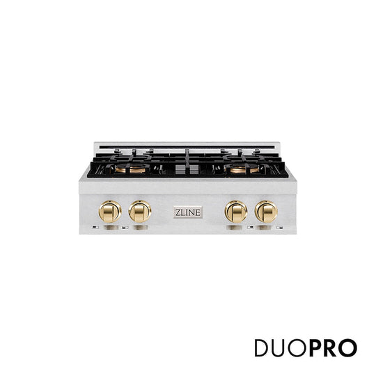 ZLINE Autograph Edition 30 in. Classic Gas Rangetop with 4 Burner DuoPro™ Cooktop in Satin Stainless Steel and Polished Gold Accents, Open Box-Good Condition