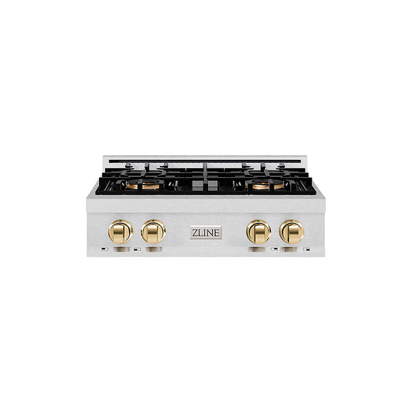 ZLINE Autograph Edition 30 in. Classic Gas Rangetop with 4 Burner DuoPro™ Cooktop in Satin Stainless Steel and Polished Gold Accents, Open Box-Great Condition