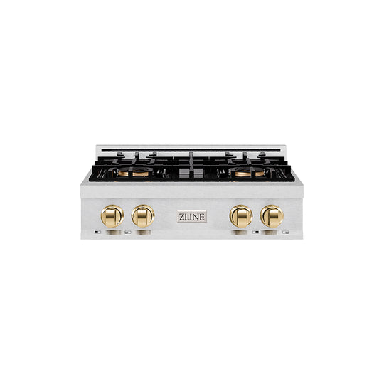 ZLINE Autograph Edition 30 in. Classic Gas Rangetop with 4 Burner DuoPro™ Cooktop in Satin Stainless Steel and Polished Gold Accents (PCRTSZ-30-G)