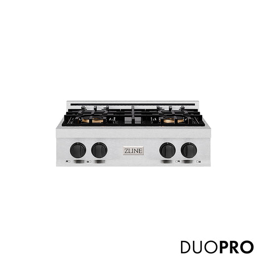 ZLINE Autograph Edition 30 in. Classic Gas Rangetop with 4 Burner DuoPro™ Cooktop in Satin Stainless Steel and Matte Black Accents, Open Box-Great Condition