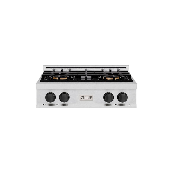 ZLINE Autograph Edition 30 in. Classic Gas Rangetop with 4 Burner DuoPro™ Cooktop in Satin Stainless Steel and Matte Black Accents (PCRTSZ-30-MB)