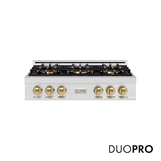 ZLINE Autograph Edition 36 in. Classic Gas Rangetop with 6 Burner DuoPro™ Cooktop in Satin Stainless Steel and Champagne Bronze Accents, Open Box-Good Condition
