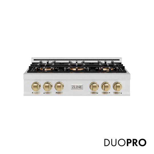 ZLINE Autograph Edition 36 in. Classic Gas Rangetop with 6 Burner DuoPro™ Cooktop in Satin Stainless Steel and Champagne Bronze Accents, Open Box-Great Condition