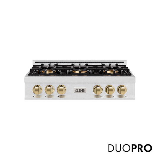 ZLINE Autograph Edition 36 in. Classic Gas Rangetop with 6 Burner DuoPro™ Cooktop in Satin Stainless Steel and Champagne Bronze Accents (PCRTSZ-36-CB)
