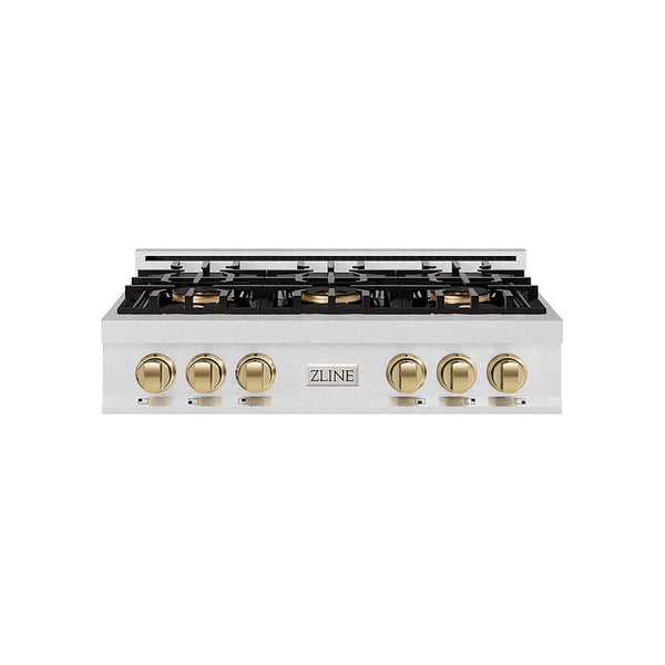ZLINE Autograph Edition 36 in. Classic Gas Rangetop with 6 Burner DuoPro™ Cooktop in Satin Stainless Steel and Champagne Bronze Accents, Open Box-Good Condition