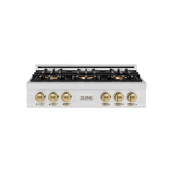 ZLINE Autograph Edition 36 in. Classic Gas Rangetop with 6 Burner DuoPro™ Cooktop in Satin Stainless Steel and Champagne Bronze Accents (PCRTSZ-36-CB)