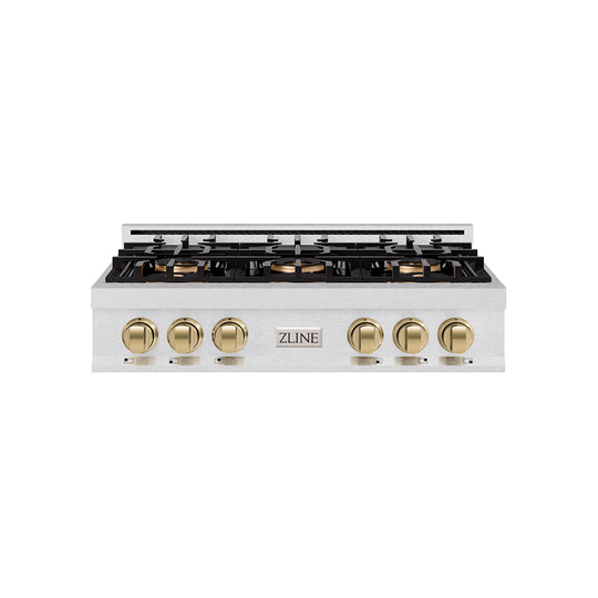 ZLINE Autograph Edition 36 in. Classic Gas Rangetop with 6 Burner DuoPro™ Cooktop in Satin Stainless Steel and Champagne Bronze Accents (PCRTSZ-36-CB)