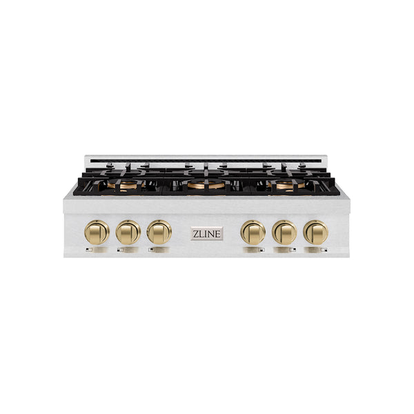 ZLINE Autograph Edition 36 in. Classic Gas Rangetop with 6 Burner DuoPro™ Cooktop in Satin Stainless Steel and Champagne Bronze Accents (PCRTSZ-36-CB)