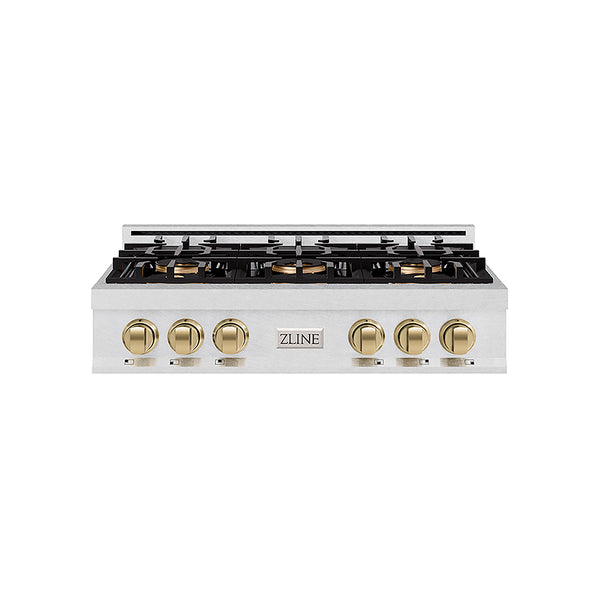 ZLINE Autograph Edition 36 in. Classic Gas Rangetop with 6 Burner DuoPro™ Cooktop in Satin Stainless Steel and Champagne Bronze Accents, Open Box-Great Condition