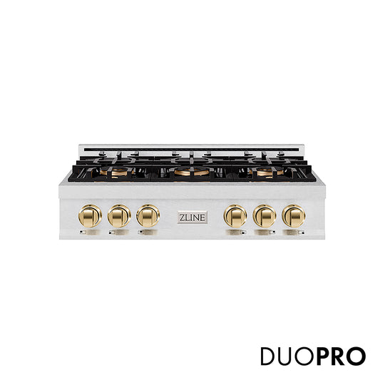 ZLINE Autograph Edition 36 in. Classic Gas Rangetop with 6 Burner DuoPro™ Cooktop in Satin Stainless Steel and Polished Gold Accents (PCRTSZ-36-G)