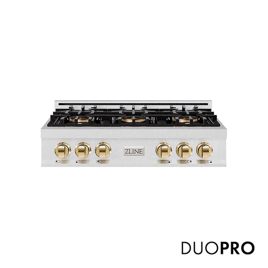 ZLINE Autograph Edition 36 in. Classic Gas Rangetop with 6 Burner DuoPro™ Cooktop in Satin Stainless Steel and Polished Gold Accents, Open Box-Good Condition