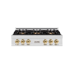 ZLINE Autograph Edition 36 in. Classic Gas Rangetop with 6 Burner DuoPro™ Cooktop in Satin Stainless Steel and Polished Gold Accents (PCRTSZ-36-G)