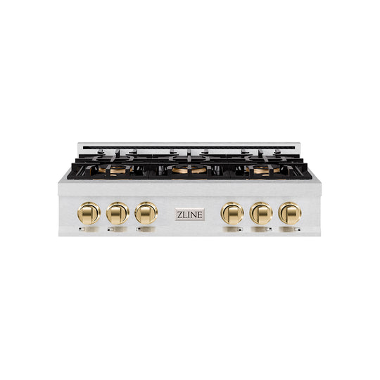 ZLINE Autograph Edition 36 in. Classic Gas Rangetop with 6 Burner DuoPro™ Cooktop in Satin Stainless Steel and Polished Gold Accents (PCRTSZ-36-G)