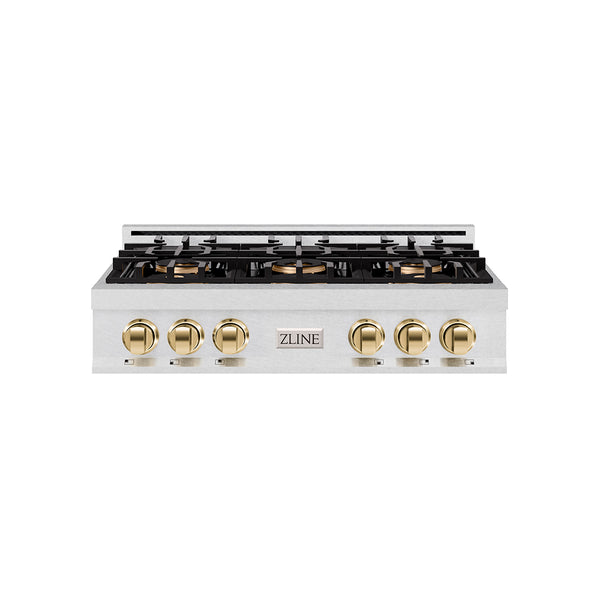 ZLINE Autograph Edition 36 in. Classic Gas Rangetop with 6 Burner DuoPro™ Cooktop in Satin Stainless Steel and Polished Gold Accents (PCRTSZ-36-G)