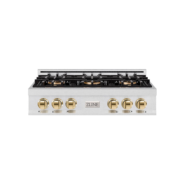 ZLINE Autograph Edition 36 in. Classic Gas Rangetop with 6 Burner DuoPro™ Cooktop in Satin Stainless Steel and Polished Gold Accents, Open Box-Good Condition