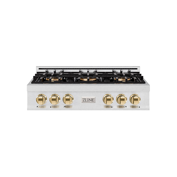 ZLINE Autograph Edition 36 in. Classic Gas Rangetop with 6 Burner DuoPro™ Cooktop in Satin Stainless Steel and Polished Gold Accents, Open Box-Great Condition