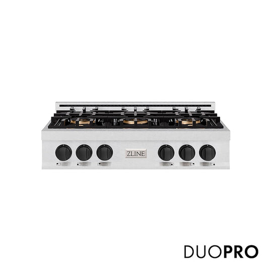 ZLINE Autograph Edition 36 in. Classic Gas Rangetop with 6 Burner DuoPro™ Cooktop in Satin Stainless Steel and Matte Black Accents, Open Box-Good Condition