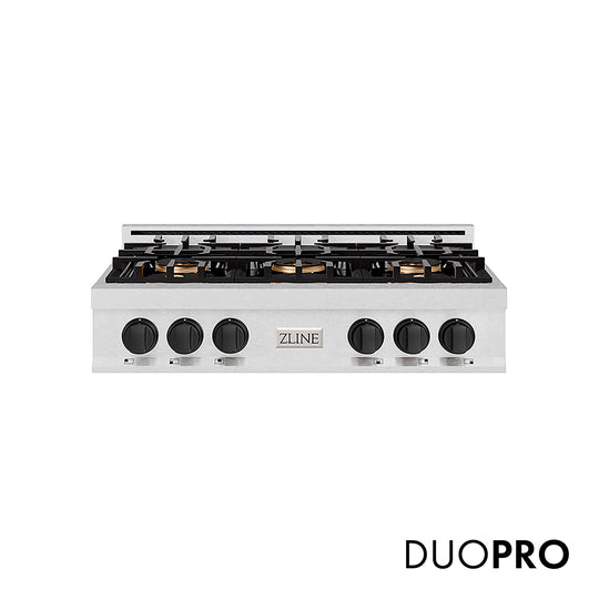 ZLINE Autograph Edition 36 in. Classic Gas Rangetop with 6 Burner DuoPro™ Cooktop in Satin Stainless Steel and Matte Black Accents (PCRTSZ-36-MB)