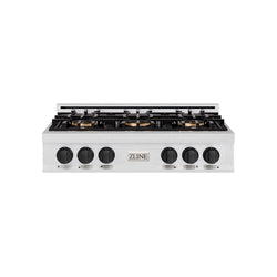 ZLINE Autograph Edition 36 in. Classic Gas Rangetop with 6 Burner DuoPro™ Cooktop in Satin Stainless Steel and Matte Black Accents (PCRTSZ-36-MB)