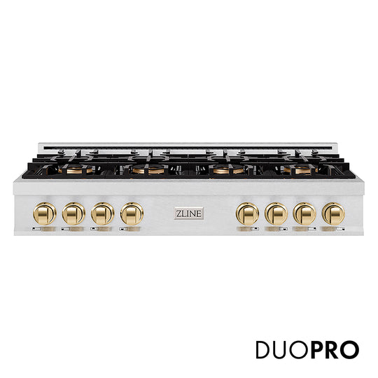 ZLINE Autograph Edition 48 in. Classic Gas Rangetop with 8 Burner DuoPro™ Cooktop in Satin Stainless Steel and Polished Gold Accents, Open Box-Great Condition