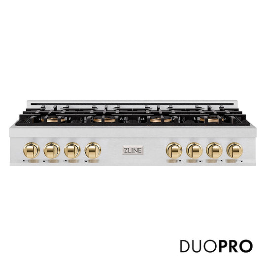 ZLINE Autograph Edition 48 in. Classic Gas Rangetop with 8 Burner DuoPro™ Cooktop in Satin Stainless Steel and Polished Gold Accents, Open Box-Good Condition