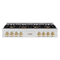 ZLINE Autograph Edition 48 in. Classic Gas Rangetop with 8 Burner DuoPro™ Cooktop in Satin Stainless Steel and Polished Gold Accents (PCRTSZ-48-G)