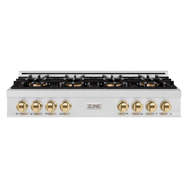 ZLINE Autograph Edition 48 in. Classic Gas Rangetop with 8 Burner DuoPro™ Cooktop in Satin Stainless Steel and Polished Gold Accents (PCRTSZ-48-G)