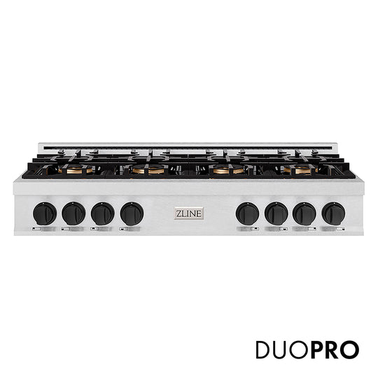ZLINE Autograph Edition 48 in. Classic Gas Rangetop with 8 Burner DuoPro™ Cooktop in Satin Stainless Steel and Matte Black Accents (PCRTSZ-48-MB)