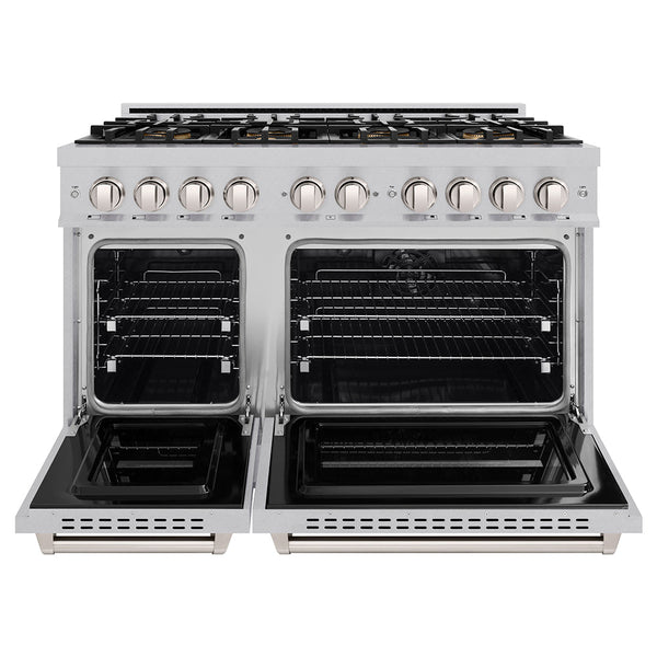 ZLINE 48 in. 6.7 cu. ft. Classic Dual Fuel Range with 8 Burner DuoPro™ Cooktop and Dual Ovens in Satin Stainless Steel, Open Box-Good Condition