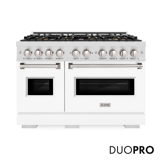 ZLINE 48 in. 6.7 cu. ft. Classic Dual Fuel Range with 8 Burner DuoPro™ Cooktop and Dual Ovens in Satin Stainless Steel with White Matte Doors (PCDRS-WM-48)