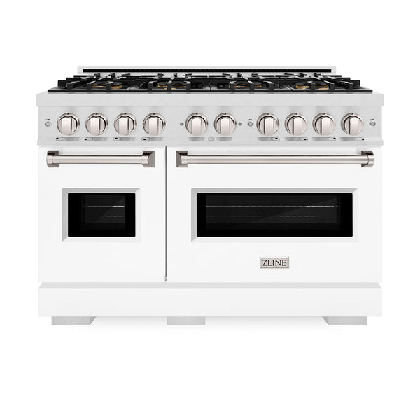 ZLINE 48 in. 6.7 cu. ft. Classic Dual Fuel Range with 8 Burner DuoPro™ Cooktop and Dual Ovens in Satin Stainless Steel with White Matte Doors (PCDRS-WM-48)