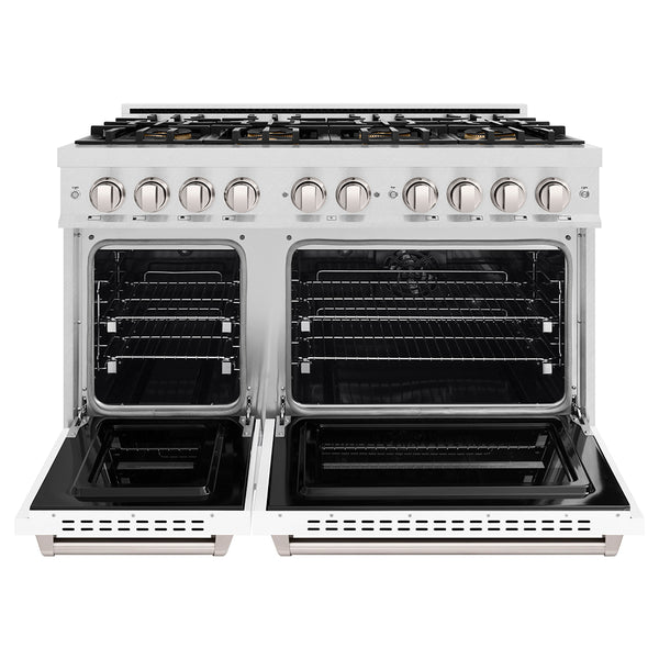 ZLINE 48 in. 6.7 cu. ft. Classic Dual Fuel Range with 8 Burner DuoPro™ Cooktop and Dual Ovens in Satin Stainless Steel with White Matte Doors (PCDRS-WM-48)