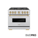 ZLINE Autograph Edition 36 in. 5.2 cu. ft. Classic Dual Fuel Range with 6 Burner DuoPro™ Cooktop and Electric Convection Oven in Satin Stainless Steel and Champagne Bronze Accents (PCDRSZ-36-CB)