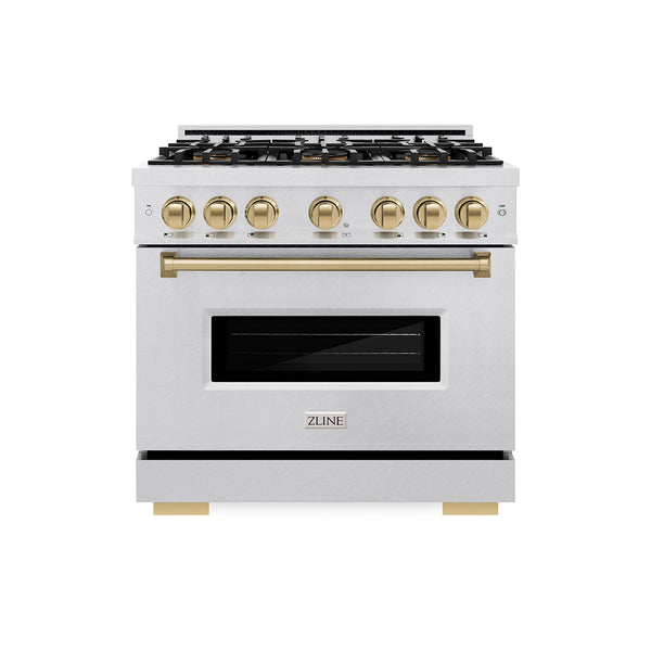 ZLINE Autograph Edition 36 in. 5.2 cu. ft. Classic Dual Fuel Range with 6 Burner DuoPro™ Cooktop and Electric Convection Oven in Satin Stainless Steel and Champagne Bronze Accents, Open Box-Good Condition